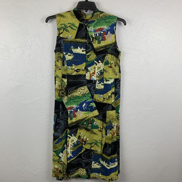 Vtg Jams World Dress Womens Medium Blue Green Asian Motif Midi Sleeveless - Picture 1 of 6